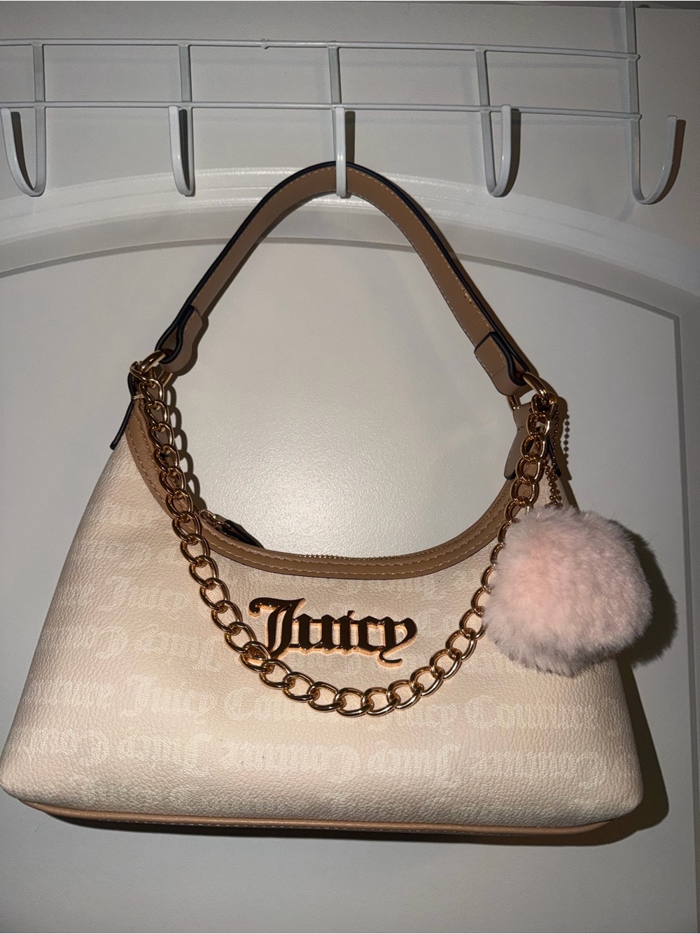 Juicy Couture Cream Shoulder Bag with Gold Chain and Pink Pom